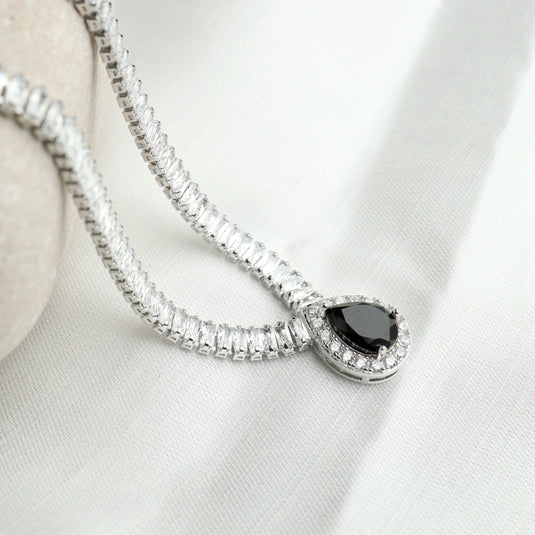 Elegant midnight eclipse necklace with black teardrop gemstone and silver chain from QuinShine