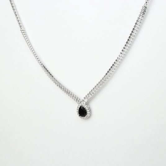 QuinShine midnight eclipse necklace with teardrop black stone and silver chain