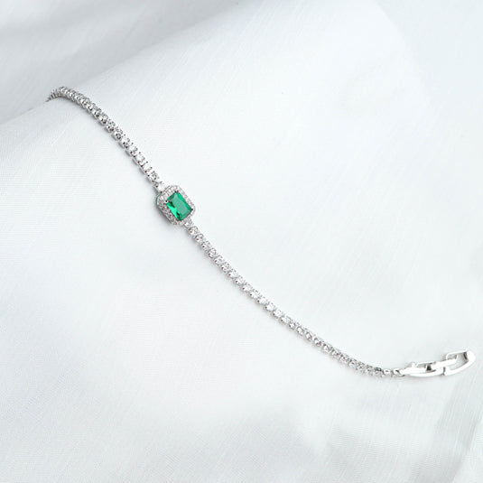 QuinShine minimalist gemstone bracelet with silver chain and square green gemstone centerpiece