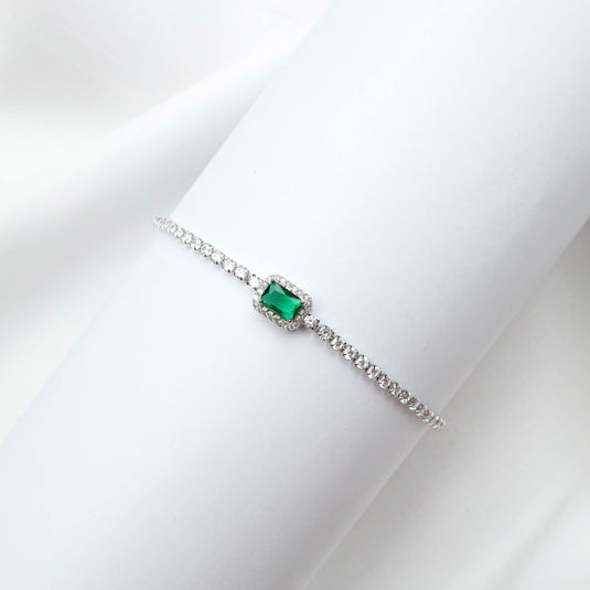 QuinShine minimalist gemstone bracelet with a green rectangular gem and silver chain
