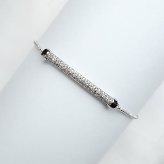 QuinShine minimalist silver bracelet with a sleek bar encrusted with small crystals on a delicate chain