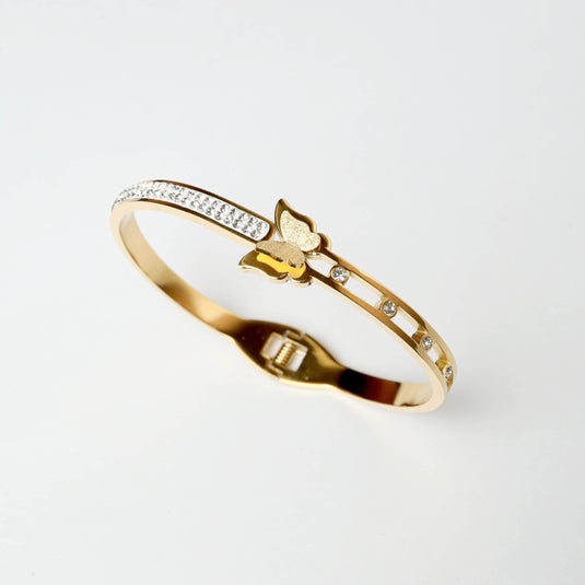 QuinShine Monarch Glow Bracelet gold bangle with butterfly and sparkling crystals