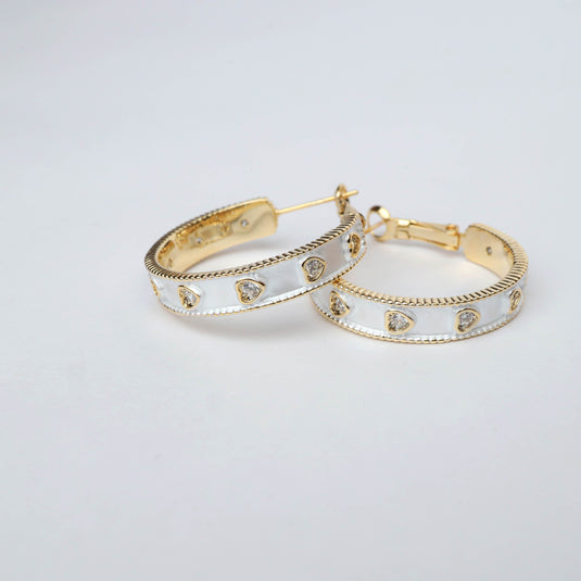 QuinShine Moonlit Dazzle Hoops gold earrings with white enamel and heart-shaped diamond accents