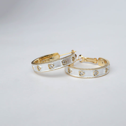 QuinShine Moonlit Dazzle Hoops gold earrings with heart-shaped crystals and mother-of-pearl inlay