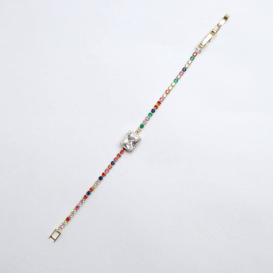 QuinShine elegant multicolor gemstone bracelet with a large central clear stone and gold clasp