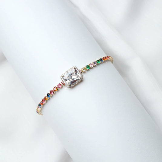 QuinShine multicolor gemstone bracelet with a large central clear stone and colorful small gemstones