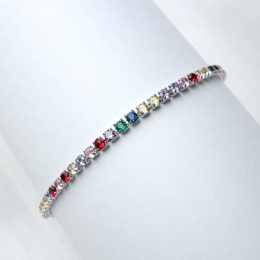 QuinShine multicolour gemstone tennis bracelet featuring vibrant, sparkling gemstones in a silver setting