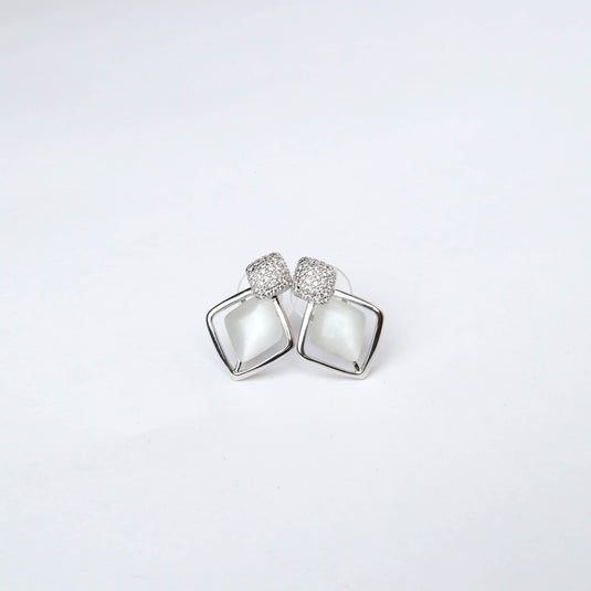 QuinShine opal gemstone earrings with silver geometric frames and sparkling pavé studs