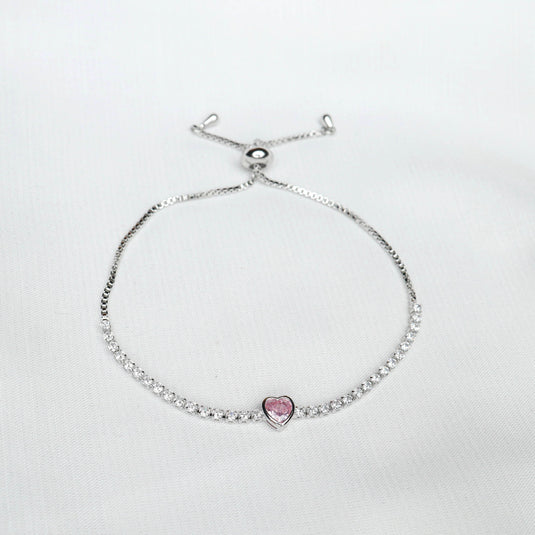 QuinShine pink heart charm bracelet with silver adjustable chain and sparkling stones