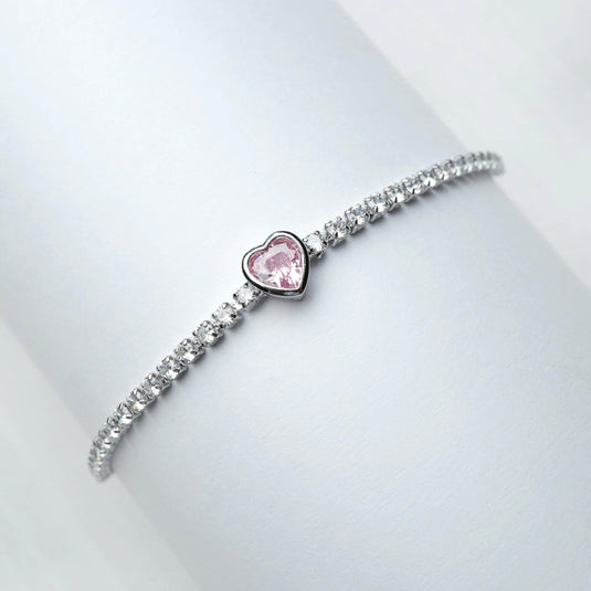 QuinShine elegant pink heart charm bracelet with sparkling clear stones on silver band