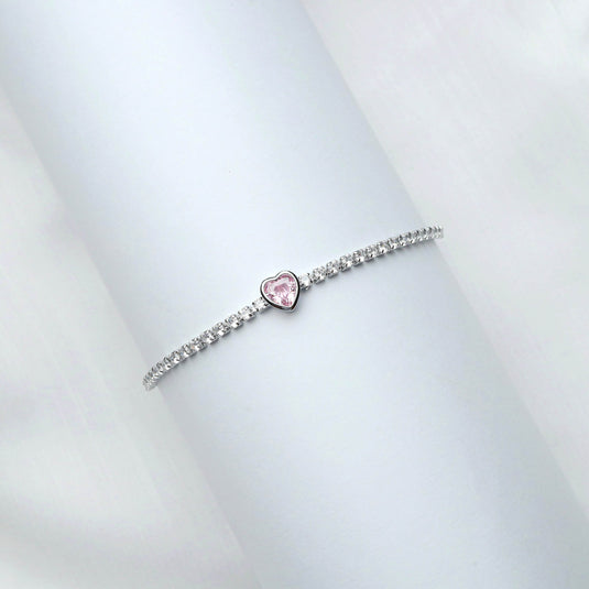 QuinShine delicate pink heart charm bracelet with sparkling silver chain on white background