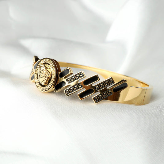 QuinShine gold Regal Medallion Bracelet with black enamel geometric design and lion head medallion