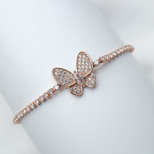Rose Gold butterfly charm bracelet for women with sparkling stones on delicate band