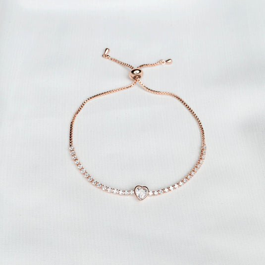 QuinShine delicate rose gold heart bracelet with adjustable chain and sparkling stones