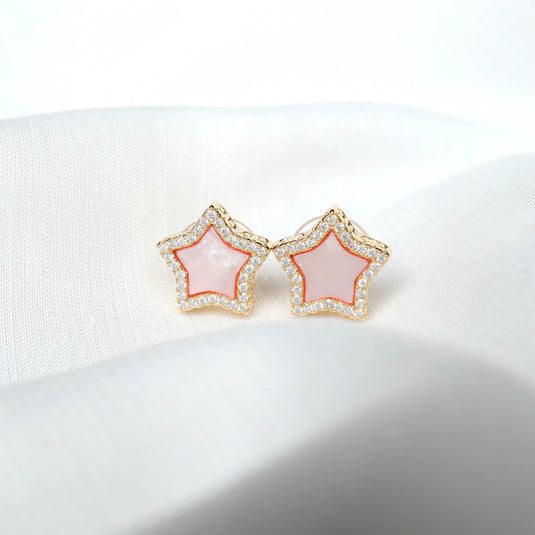 QuinShine rose gold star earrings with pink enamel center and sparkling rhinestone border
