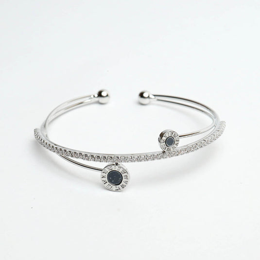 QuinShine Sentinel Sparkle Bracelet silver open cuff with black stone accents and rhinestones
