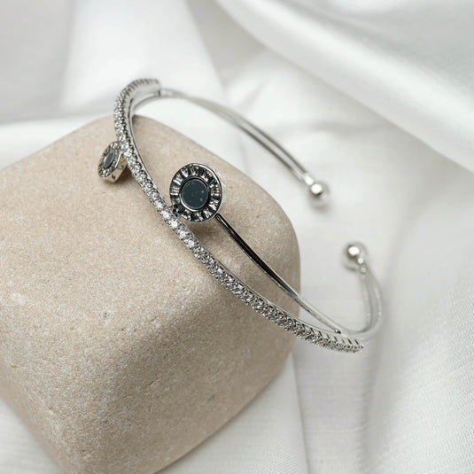QuinShine Sentinel Sparkle Bracelet silver open bangle with black stone and crystal accents