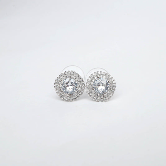 QuinShine silver halo earrings studded with clear crystals in a round halo design