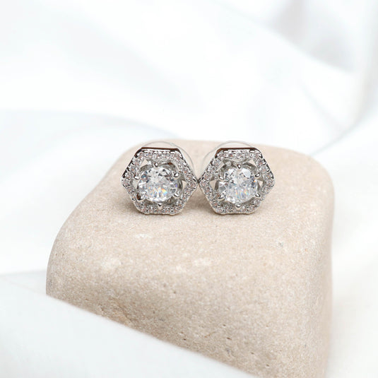 QuinShine hexagon stud earrings with sparkling clear stones set in silver metal