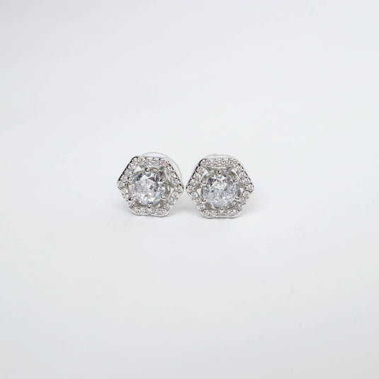 QuinShine hexagon stud earrings with clear sparkling stones and silver setting