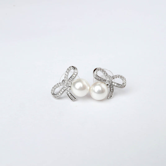QuinShine elegant loop design earrings with pearl and rhinestone detailing on silver metal