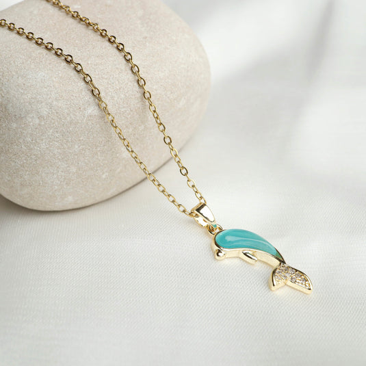 QuinShine Turquoise Stone Dolphin Necklace with gold chain and turquoise dolphin pendant