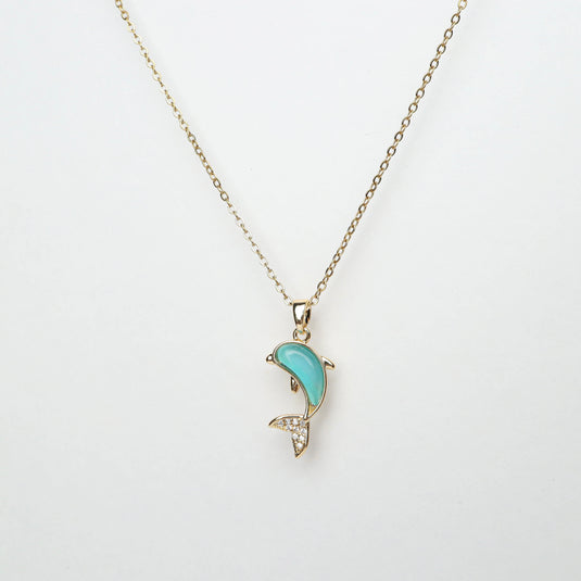 Turquoise Stone Dolphin Necklace with gold chain and crystal accents from QuinShine online jewellery store