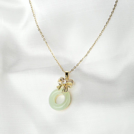 QuinShine unique gemstone jewelry gold chain necklace with jade ring pendant and decorative bow