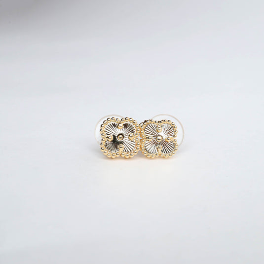 QuinShine unique gold stud earrings with intricate floral design and beaded edges