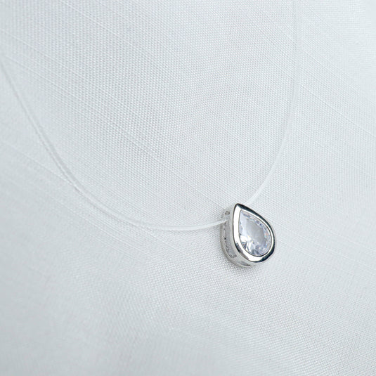 QuinShine crystal dewdrop necklace with clear teardrop pendant on transparent cord