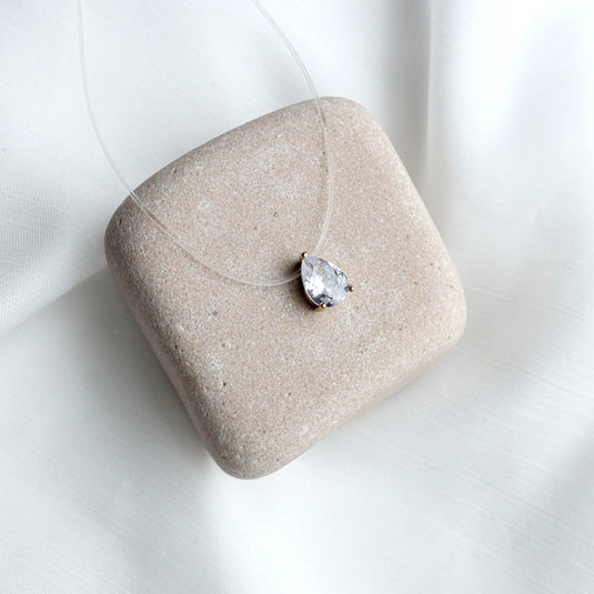 QuinShine starlight crystal pendant with teardrop-shaped clear crystal on translucent necklace cord