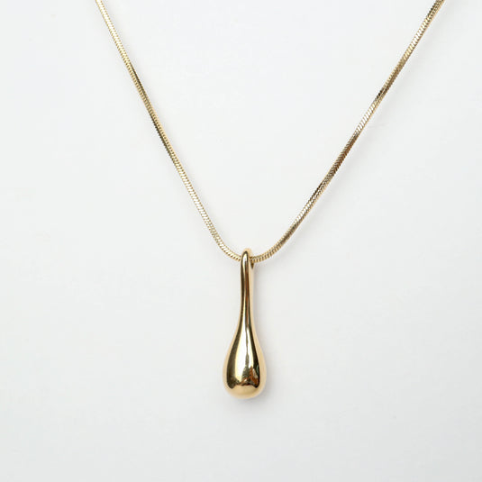 Unique gold contour drop necklace with a sleek teardrop pendant on a gold chain from QuinShine
