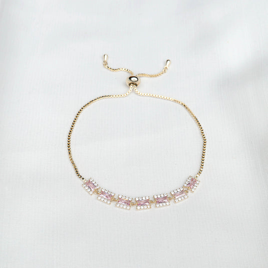 QuinShine women's pink jewelry adjustable gold bracelet with rectangular pink stones and clear crystals